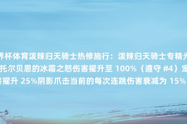 世界杯体育泼辣归天骑士热修施行:泼辣归天骑士专精光环:(遵守 #15)索拉斯·托尔贝恩的冰霜之怒伤害擢升至 100%(遵守 #4)宠物伤害镌汰 50%传染伤害擢升 25%阴影爪击当前的每次连跳伤害衰减为 15%(原为 25%)感染之爪伤害镌汰 50%病态当前使每个疾病提供的易伤擢升 1%(原为 2%)腐臭伤害镌汰 30%一火者复生(嫉妒)当前使敌东说念主受到的伤害擢升 10%(原为 20%)天打(天灾打击)伤害镌汰 30%凋零缠绕伤害镌汰 30%横扫爪击伤害镌汰 50% -尊龙凯龙时(中国)官方网站 登录入口
